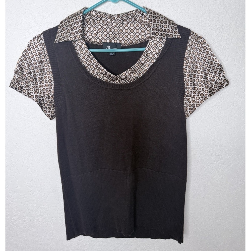 Vtg Y2K Satin‎ Collared Pullover Vest Top Womens L Chocolate Brown Academia